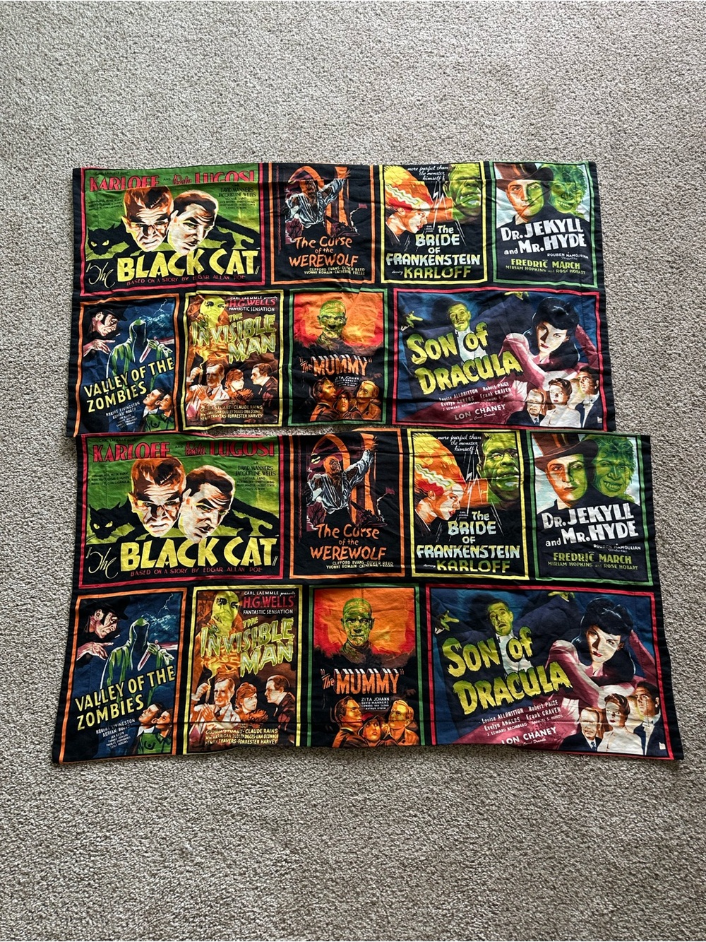 Vtg universal monsters horror movie poster fabric panels set 2 cat mummy dracula